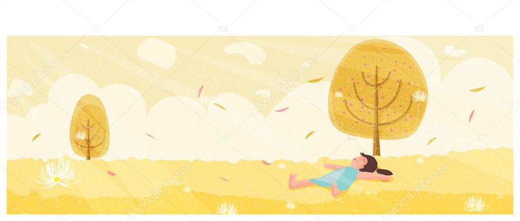 vector illustration of the spring-summer scene. Little girl Lie on your back at the lawn or yard with a happy face. Windy, apple blossom and dandelion flower sweep away. Banner for spring and summer.