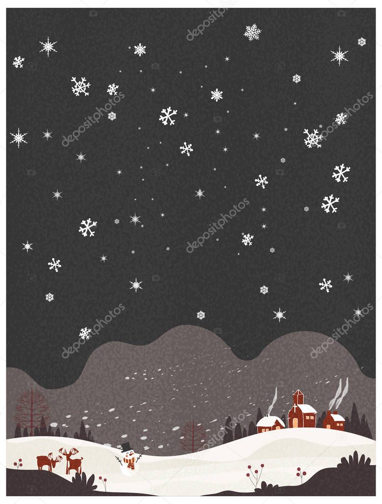 Minimalist landscape poster design,a night winter scenery landscape, rural village or lonely hut in the winter, countryside scene with mountains and small house,church and snowman with deer.