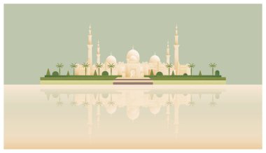 Abu Dabi, Uae 'deki en ünlü İslam Camii' nin minimalist vektör karikatürü. Gürültülü ve taneli bej ve yeşil renk tonu.  