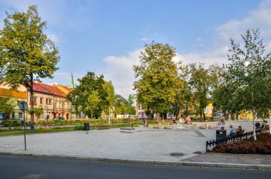 Skawina, Polonya - 27 Ağustos 2107: Polonya 'nın Skawina kasabasında renkli bir pazar yerindeki insanlar.