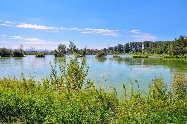 Sunny summer landscape. Beautiful pond in the countryside with mountains in the background.