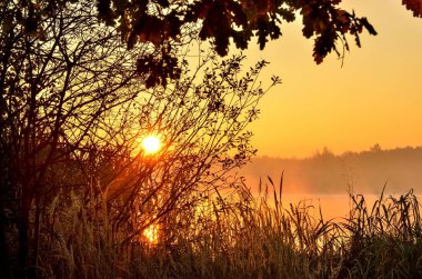 Güzel sonbahar manzarası. Gölün üzerinde gün doğumu.
