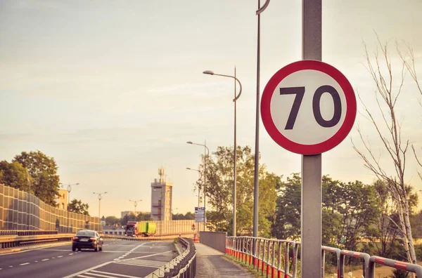 Prohibición Señal Tráfico Límite Velocidad Poca Profundidad Campo — Foto de Stock