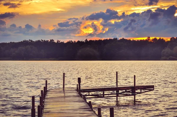 Wooden Pier Lake Evening Landscape Lake — Stock Photo, Image