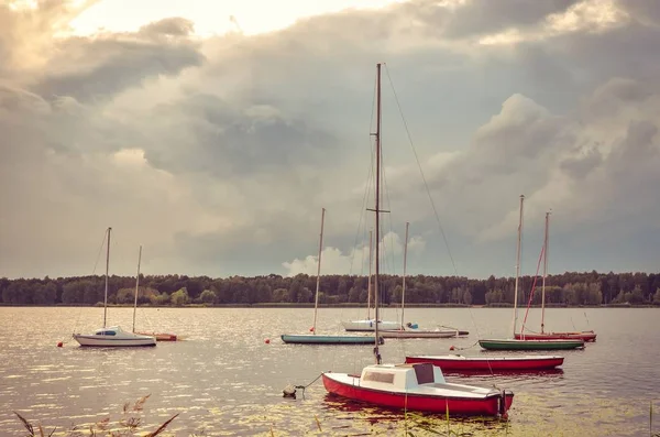 Boats Beautiful Lake Evening Summer Landscape Water — Stock Photo, Image