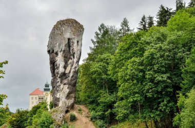 Güzel antik kaya ve tarihi şato. Polonya 'daki Pieskowa Skala' da Herkül Mace ve kale.