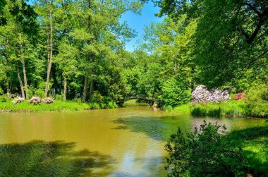 Güzel yeşil bir bahar parkı. Köprü ve çiçekler parkta.