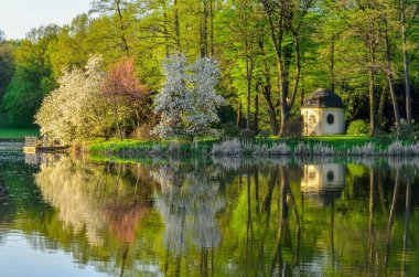Güzel bahar doğası. Parktaki gölde renkli ağaçlar.