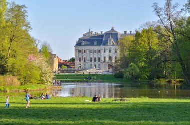 PSZCZYNA, POLAND - APRIL 22, 2018: Beautiful antique neo baroque Castle in Pszczyna, Poland. clipart
