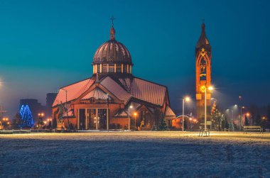 Beautiful church in the night scenery. Church of Blessed Carolina in Tychy, Poland.
