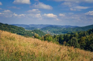 Güzel kırsal dağ manzarası. Yaz manzarasında tepelerdeki kulübeler.