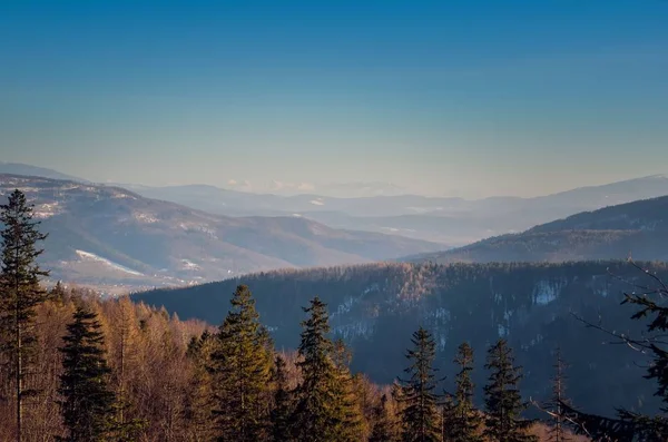 Krásná Zimní Horská Krajina Slunečný Den Stezce Polských Horách — Stock fotografie