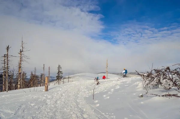 Beskids Poland February 2018 Τουρίστες Στην Κορυφή Στα Χειμερινά Βουνά — Φωτογραφία Αρχείου