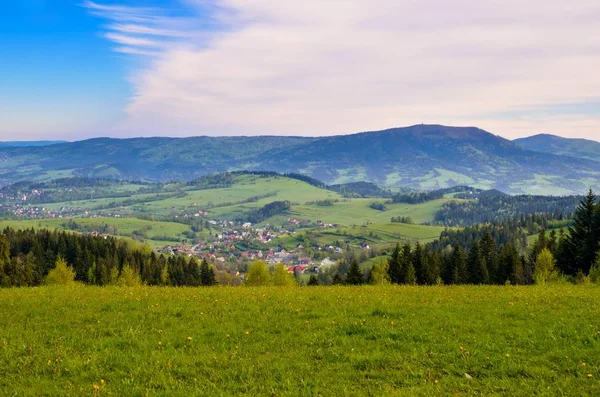 Vackert Bergslandskap Gröna Ängar Och Dalar Mellan Kullarna — Stockfoto