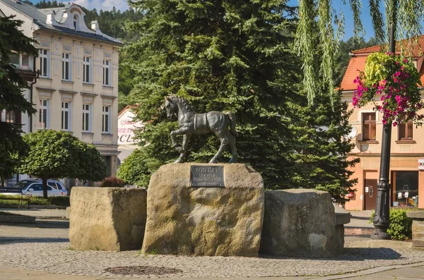 Sucha Beskidzka Польща Вересня 2019 Пам Ятник Коня Фонтану Ринковій — стокове фото