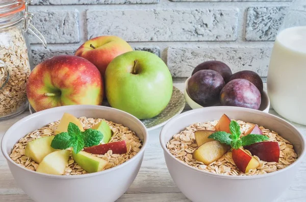 Sweet Delicious Healthy Breakfast Porridge Apples Plums Kitchen Table — Stock Photo, Image