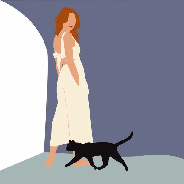 Beyaz Tulumlu Kadınlar Karanlık Odada Bir Kedi — Stok Vektör
