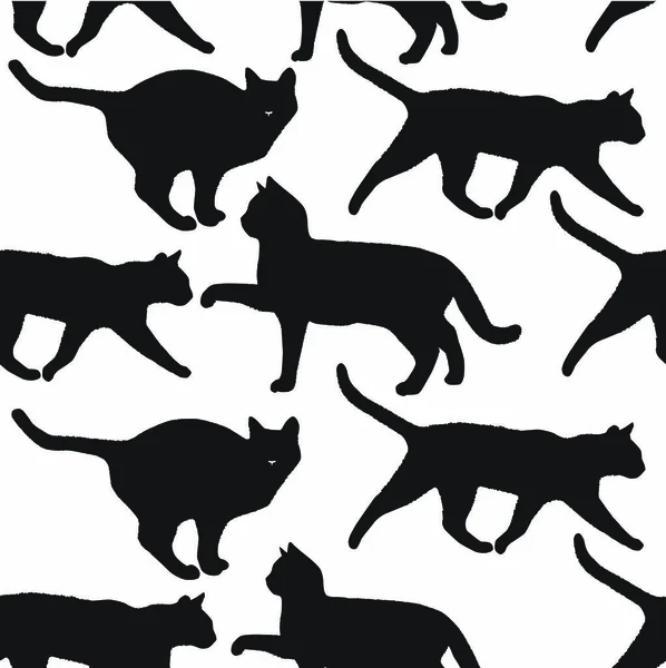 Silhuetas Gatos Padrão Sem Costura Preto Branco — Vetor de Stock