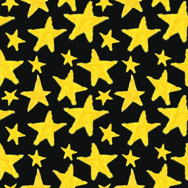 Estrelas Amarelas Aquarela Desenhadas Mão Fundo Preto — Fotografia de Stock