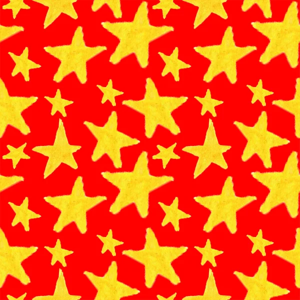 Estrelas Amarelas Aquarela Desenhadas Mão Fundo Vermelho — Fotografia de Stock
