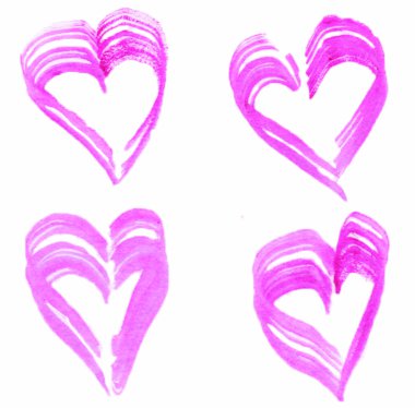 Beyaz arka planda pembe kalplerle boyanmış. Fırça darbeleri