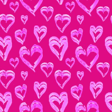 Beyaz arka planda pembe kalplerle boyanmış. Fırça darbeleri