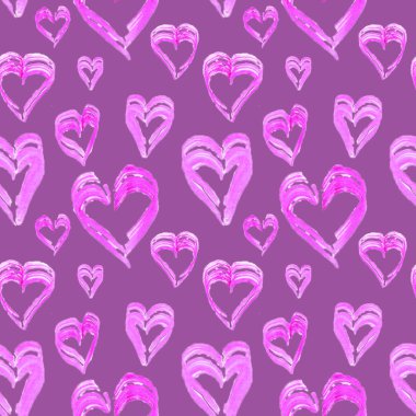 Beyaz arka planda pembe kalplerle boyanmış. Fırça darbeleri