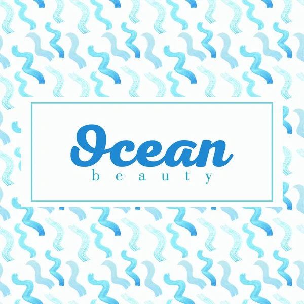 Acquerello Disegnato Onde Blu Uno Sfondo Bianco Oceano Lettering — Foto Stock