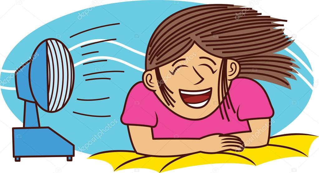 Girl Enjoying Fan Blowing Cartoon Chracter. Vector Illustration