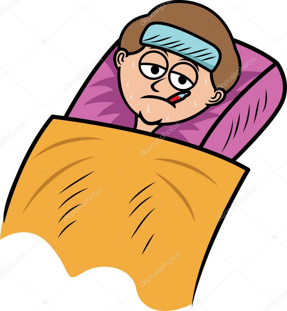Sick Boy Lying On Bed Cartoon Illustration Isolated On White — Stock