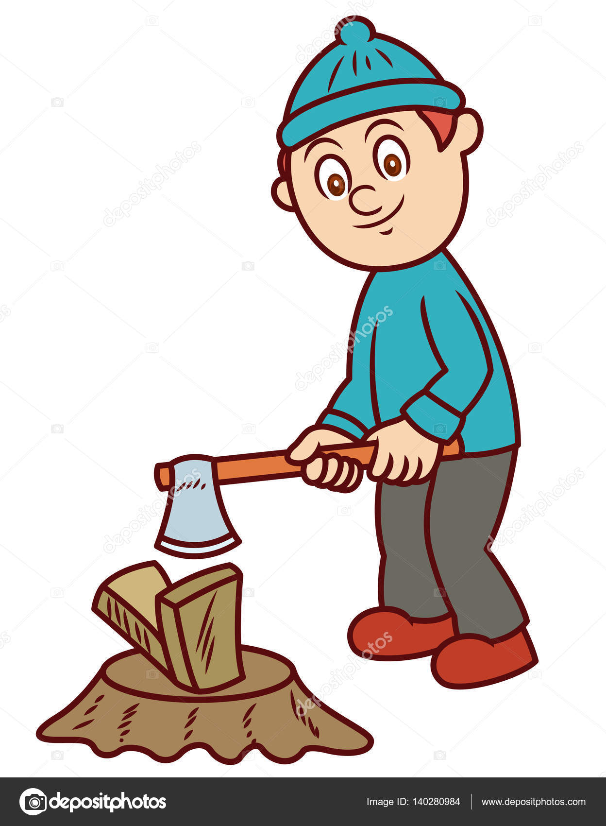 Man Chopping Wood with Axe Cartoon Illustration — Stock Vector