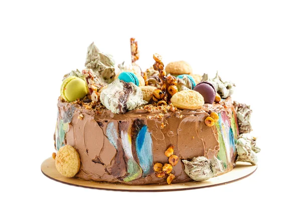 Chocolate cream cake with colorful decoration — Stock Photo, Image