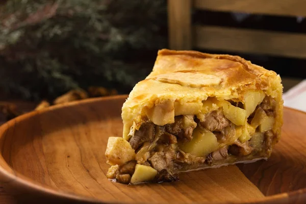 Pezzo di torta di carne di pollo con patate, mele e finferli — Foto Stock