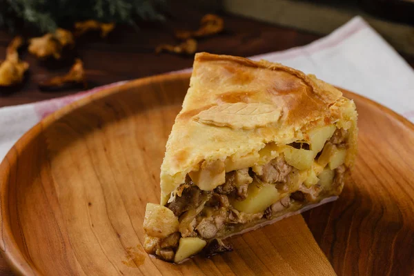 Stück Hühnerfleischkuchen mit Kartoffeln, Äpfeln und Pfifferlingen — Stockfoto