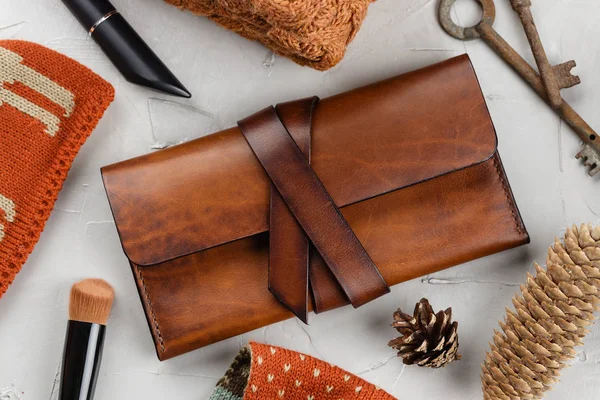 Top view of handmade brown leather wallet — Stock Photo, Image