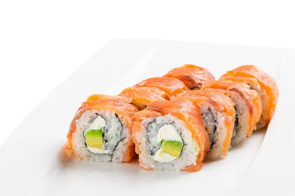 Philadelphia roll urumaki sushi made of fresh salmon, cream chee — Stock Photo, Image
