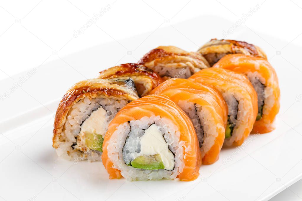Set of two kind of Philadelphia roll urumaki sushi with salmon a