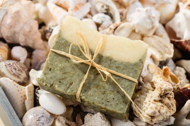 El yapımı spa zeytinyağı ve kuru otlar sabun deniz kabuklarını backgr üzerinde