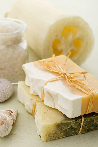 Natural organic soap with bath salt and loofah