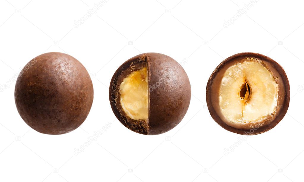 Sugared hazelnut dragees in chocolate isolated on white backgrou