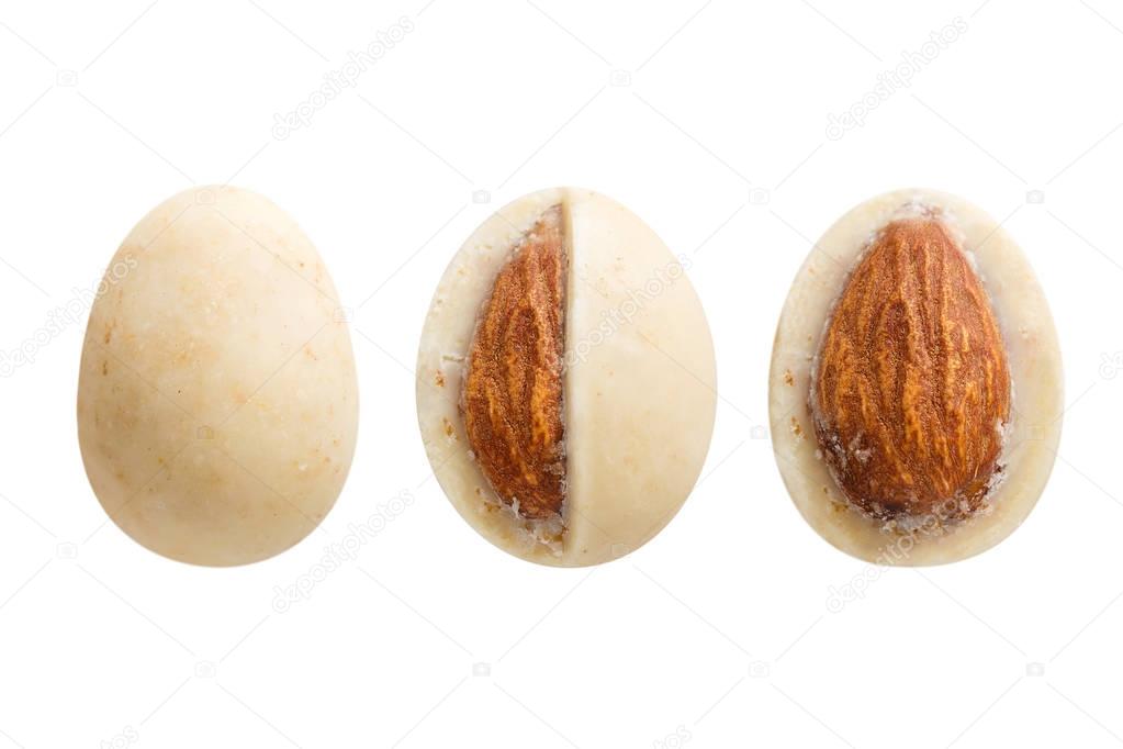 Sugared almond dragee in white chocolate isolated on white backg