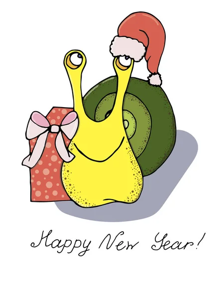 Cute hand-drawn snail on the theme of New Year and Christmas. Hu