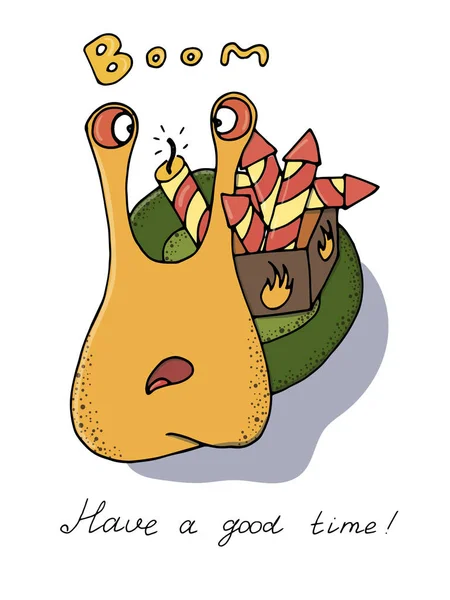 Surprised scared hand-drawn snail on the theme of New Year and C