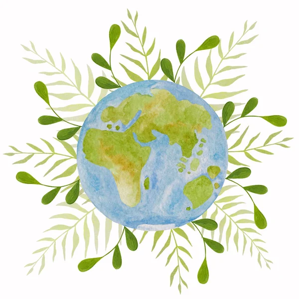 Planet earth on a background of green plants. Earth Day. Save th