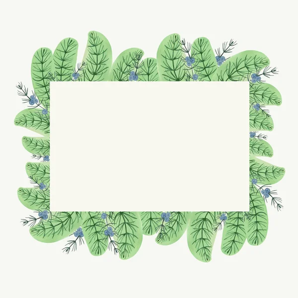 Border frame with cute juniper branches, berries and herbs. Gree