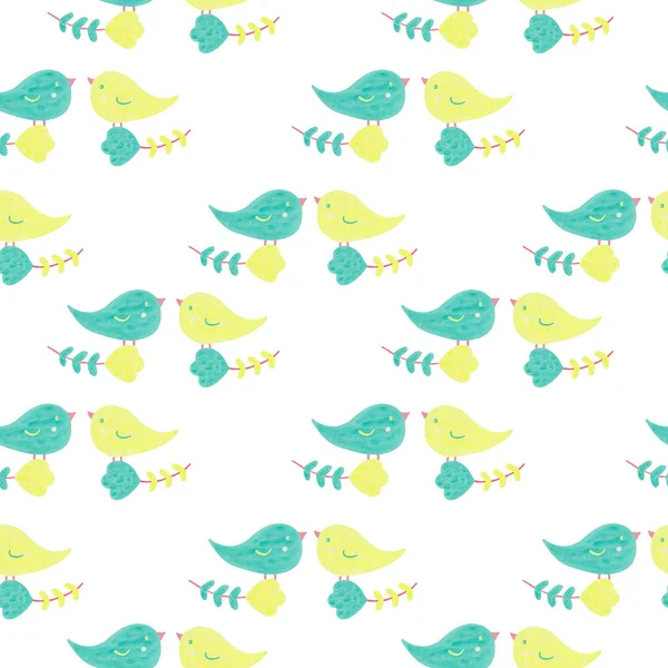 Spring romantic seamless pattern with little birds in love and f