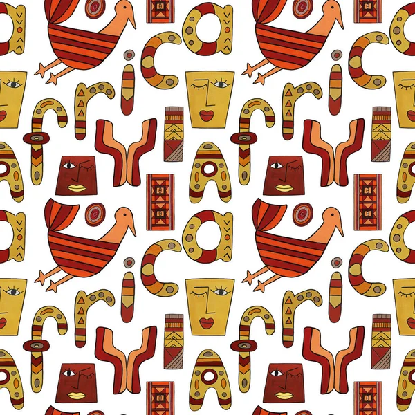 Funny seamless pattern with african motifs with letters. Ethnic ornament. Illustration drawn in gouache on paper. Different elements on a white background. For printing on packaging, digital paper, wallpaper.