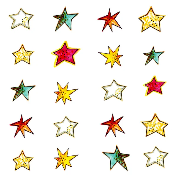 Beyaz Arkaplanda Sıralanmış Çok Renkli Suluboya Yıldızlar — Stok fotoğraf