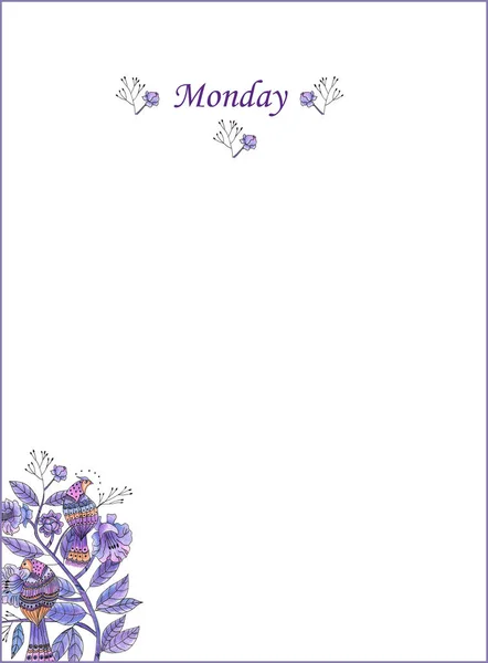 Strony Harmonogramu Dnia Tygodnia Lub Pamiętnika Poniedziałek Ptaki Kwiaty Przedstawione — Zdjęcie stockowe