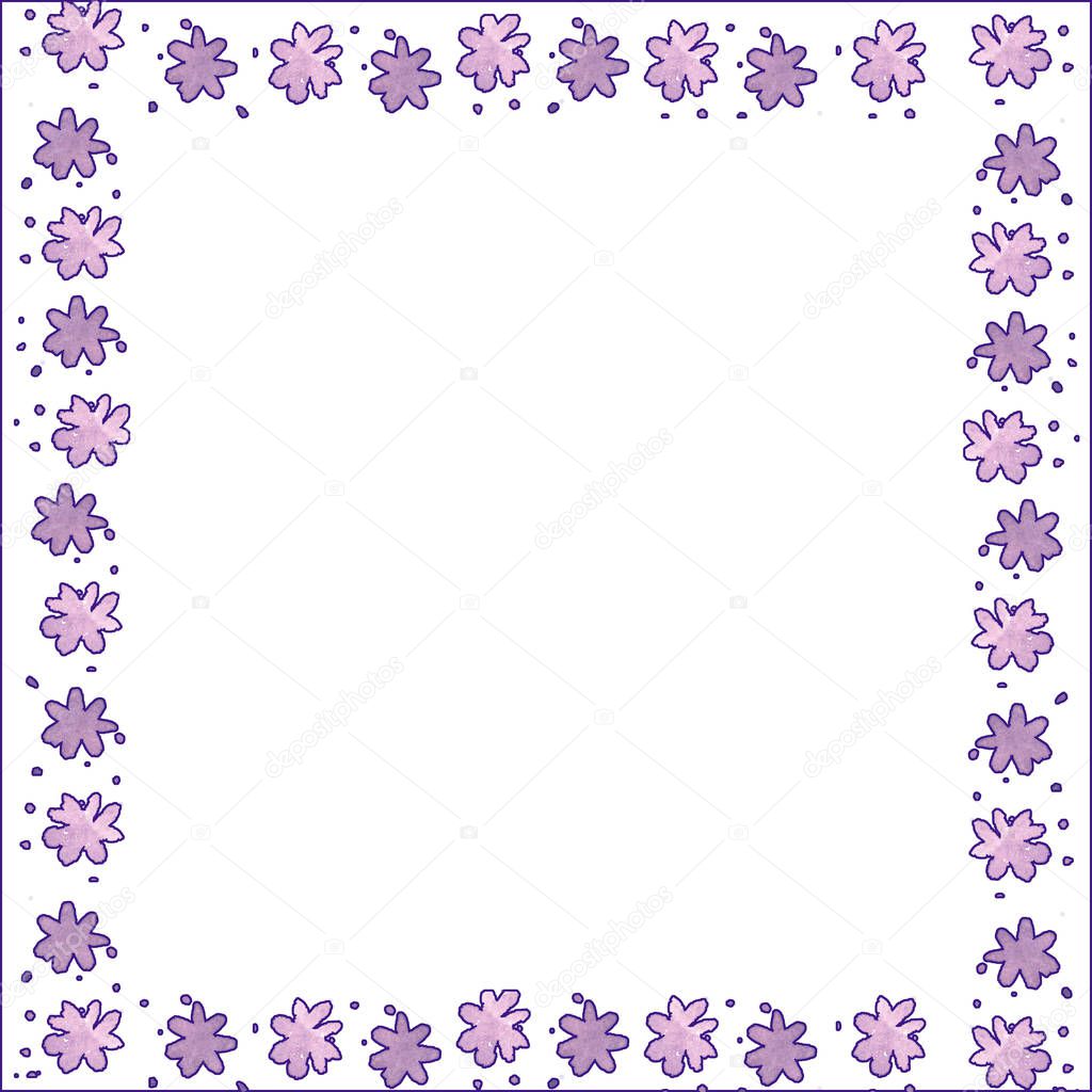 Design a page design for drawing, text, or greeting. Decorated with a frame on the edges of purple and pink flowers. With a white background.